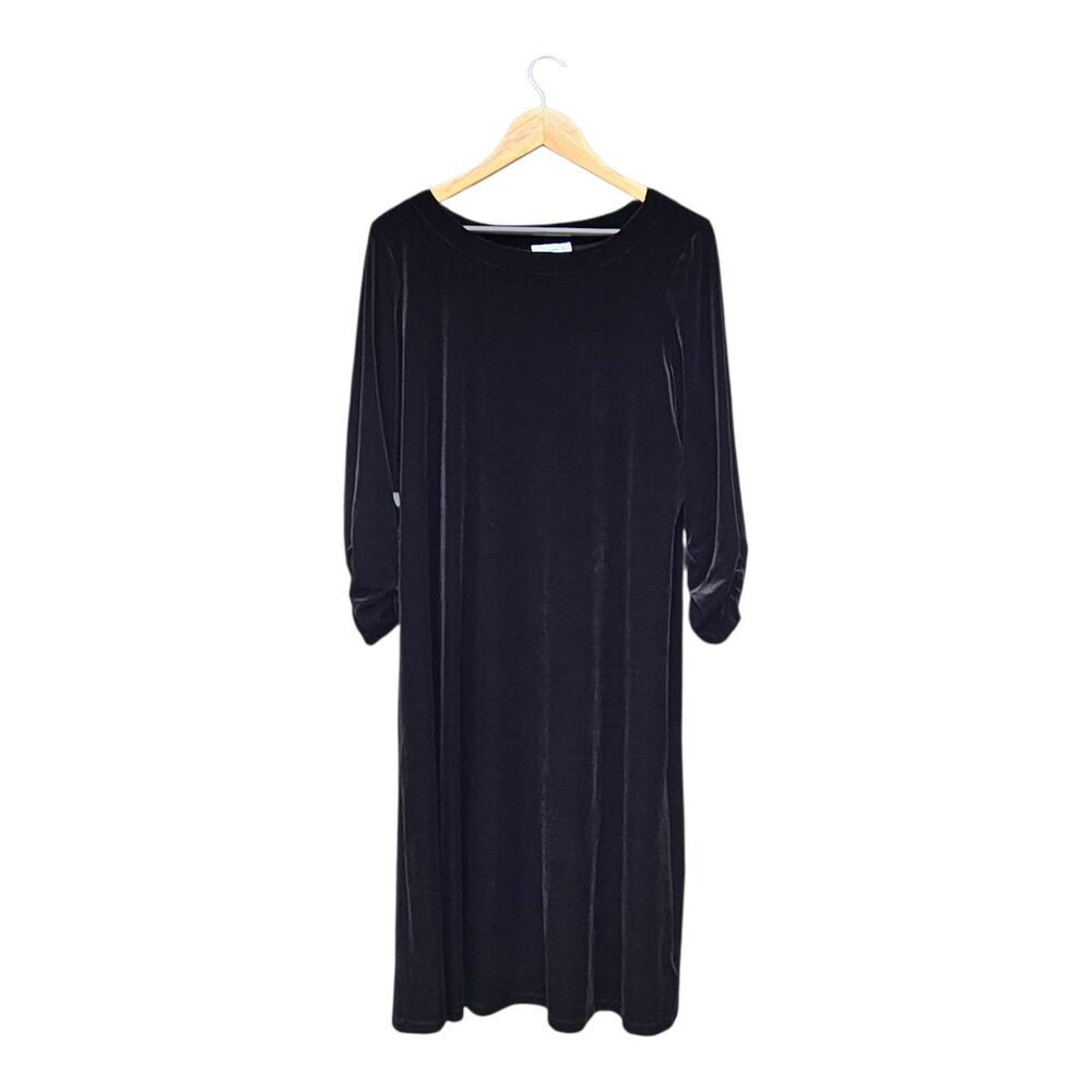 Susan Graver Stretch Velvet Swing Dress Black Large 3/4 Rouched Sleeve Holiday